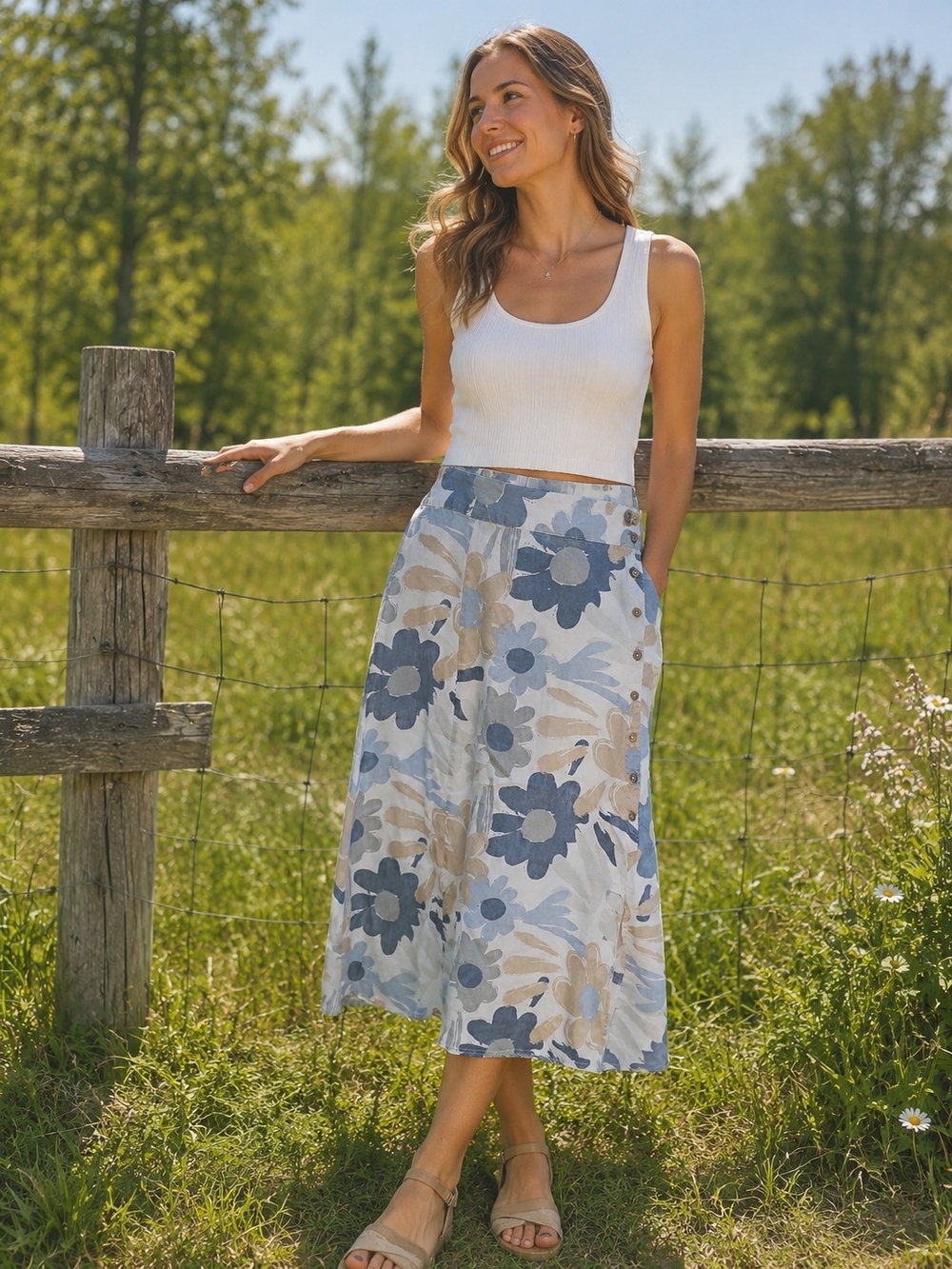 Title:
Charlie B 100% Linen Floral Skirt | Elastic Waist, Button Detail | Summer